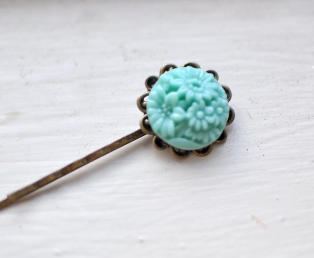 Round Flowers Teal Bobby Pin - Just One